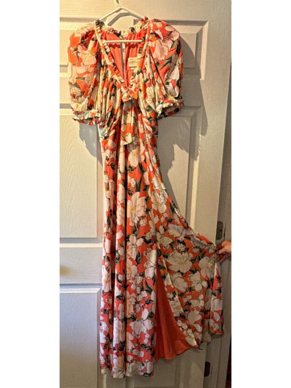 Anthropologie Coral Floral Chiffon Maxi Dress V-Neck Puff Sleeve Lined Ruffle